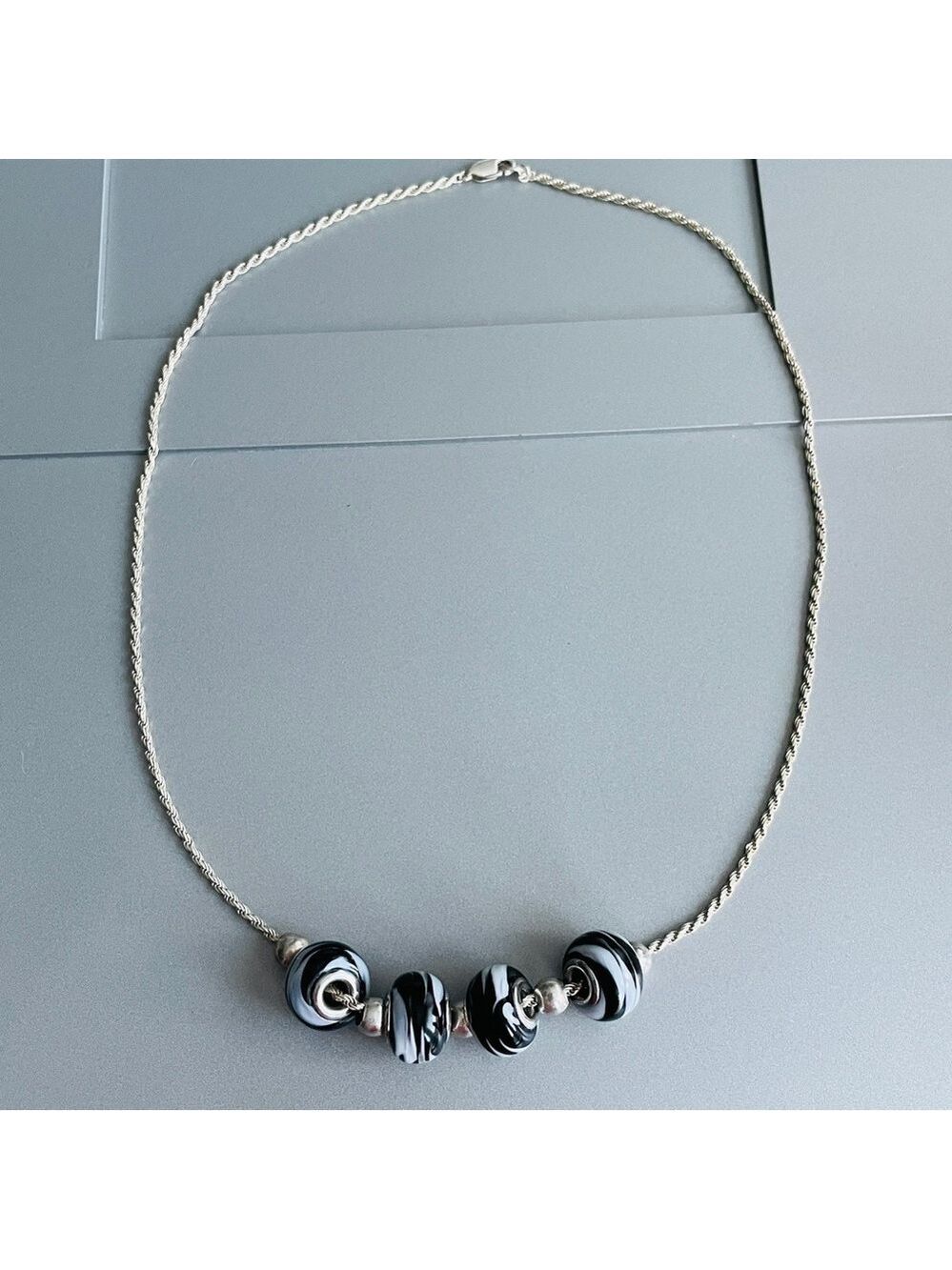 Black & White Glass Beads on Sterling Silver  Rope Chain Necklace Vintage